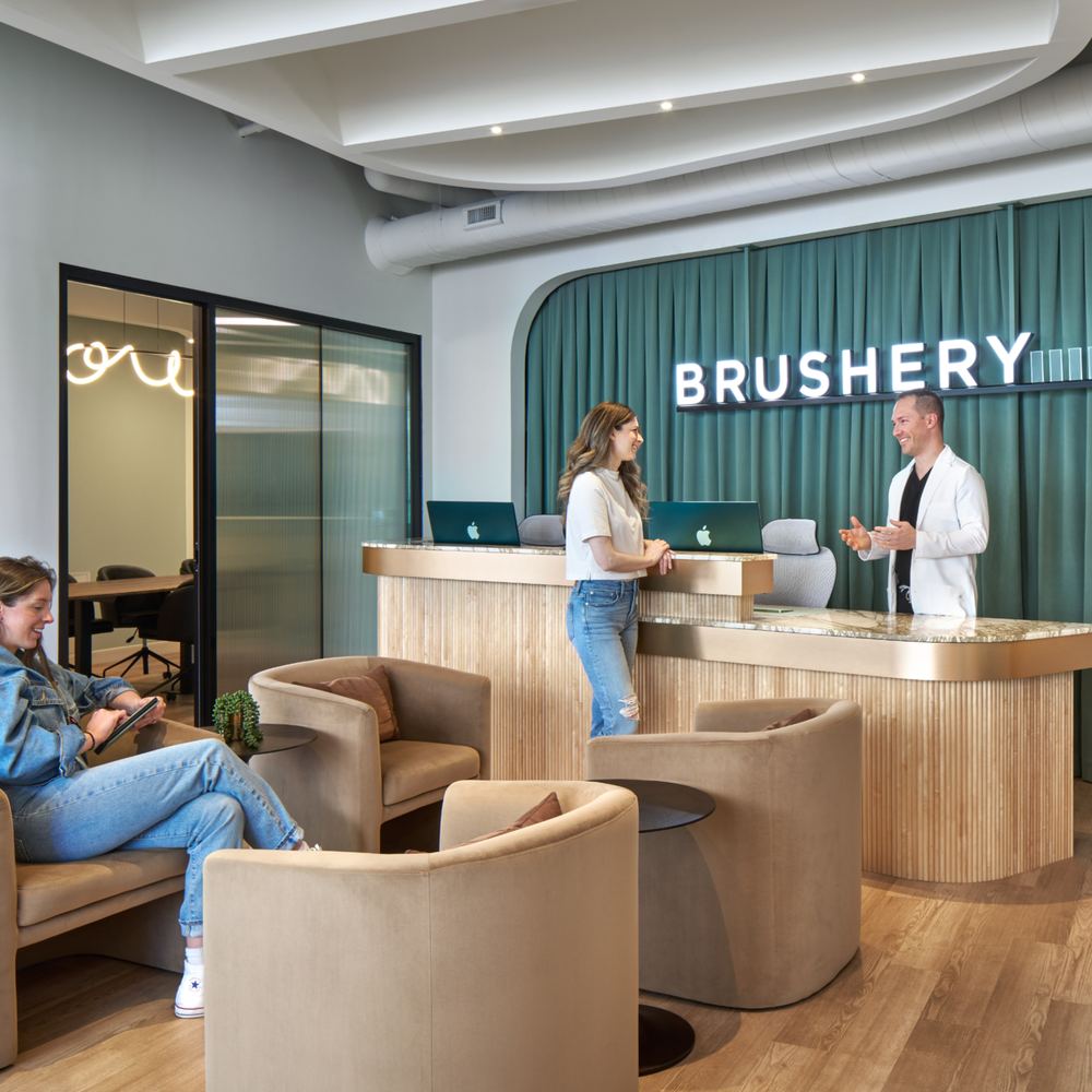 Reception and waiting area inside Brushery's Detroit practice