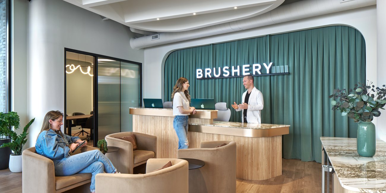 Reception desk and lounge at Brushery in Detroit's Brush Park neighborhood